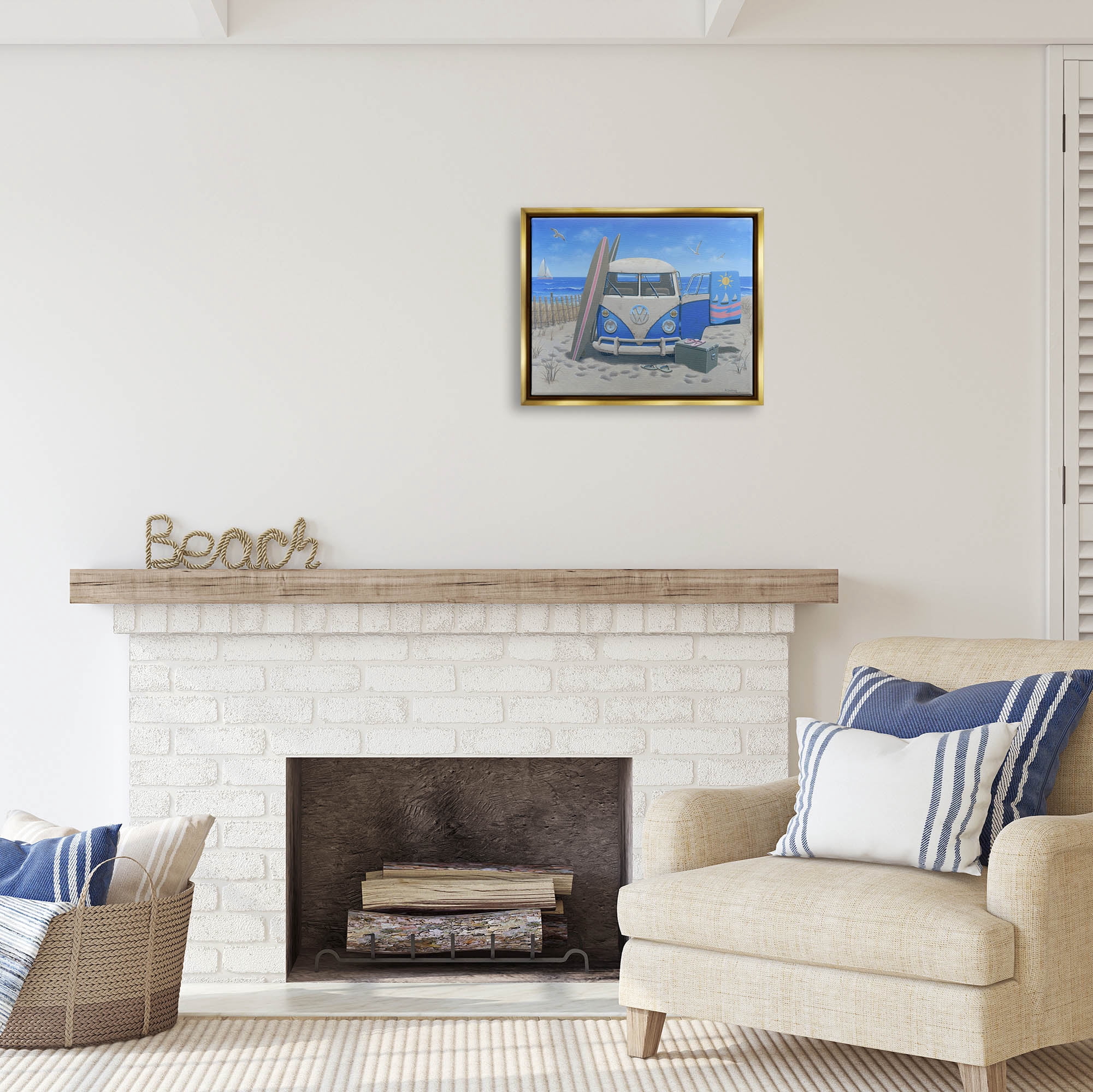 Stupell Industries Tropical Summer Beach Van Coastal Painting Gold Floater Framed Art Print Wall Art