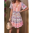 thumbnail image 6 of Women'S V Neck Patchwork Dress Bohemian Print Mini Skirt Summer Casual Beach Chic Orange M, 6 of 7