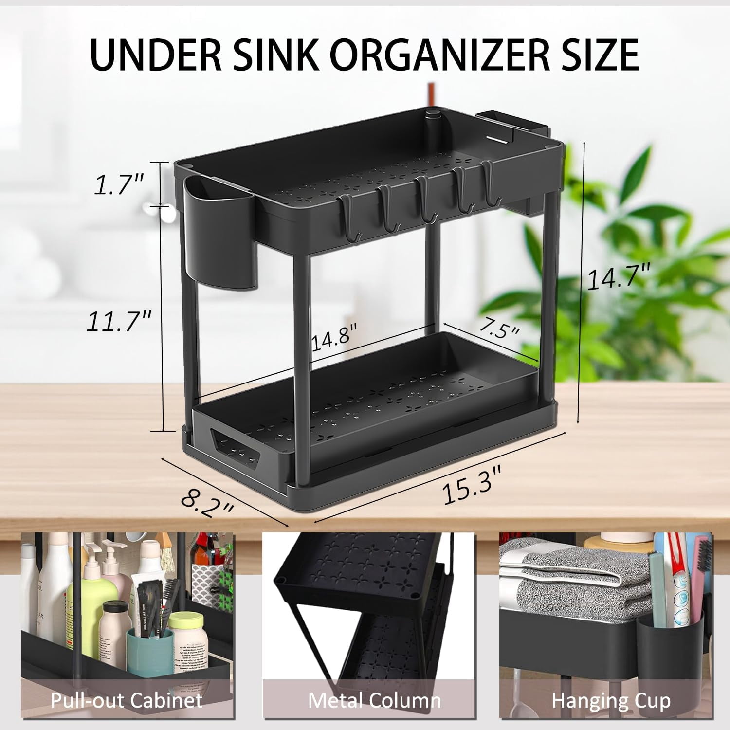 Highcool Under Sink Organizers and Storage, 2-Pack Pull Out Cabinet Organizer, 2-Tier Under Sink Shelf for Bathroom and Kitchen, Multi-purpose