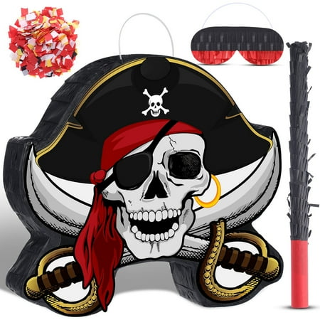 Pirate Adventure Pinata Party Pack - Includes Pirate Captain Pinata, Bat, Blindfold - Nautical Birthday Game Decor Set - 13.4 x 14.3 x 3.2''