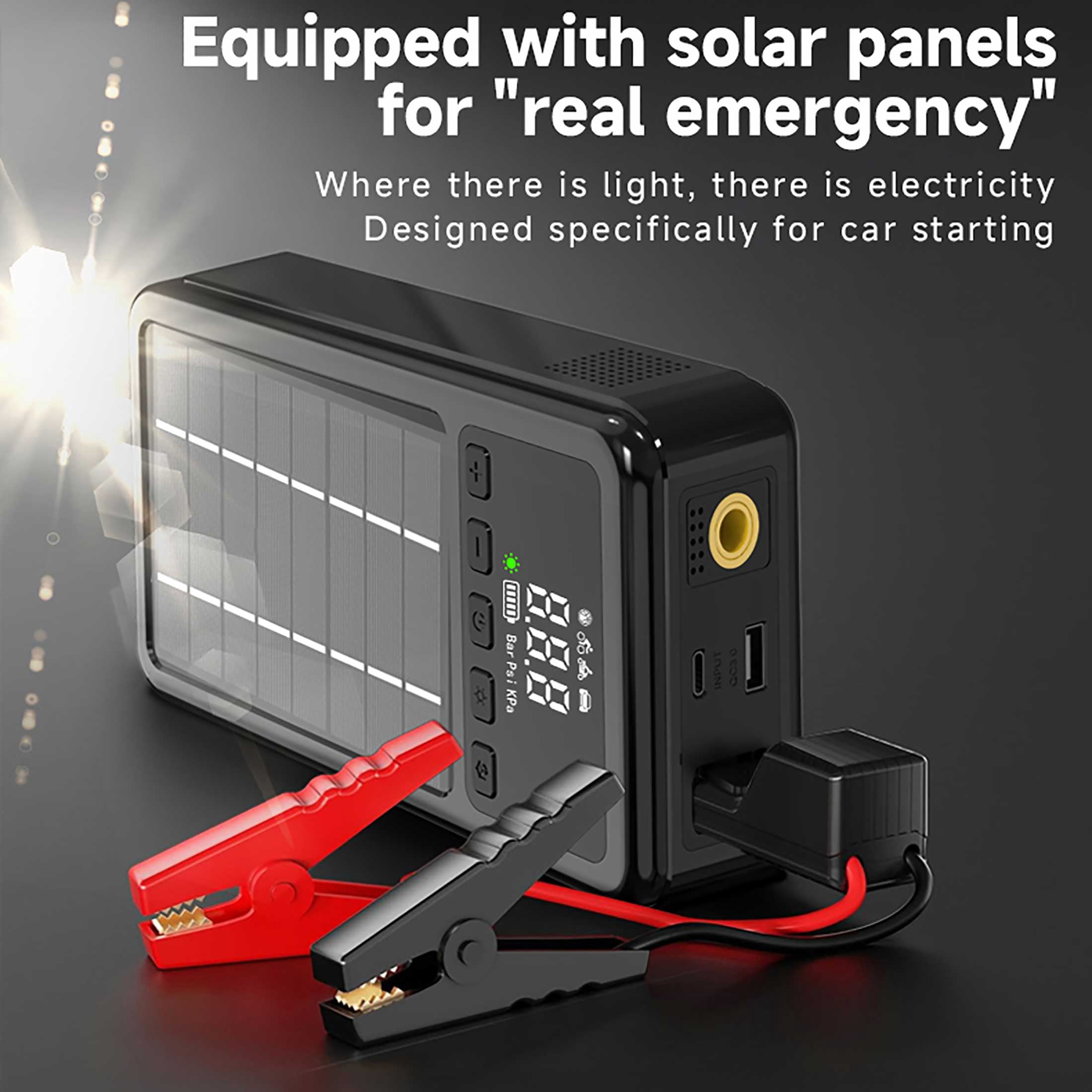 10000mAh Car Jump Starter with Air Compressor Solar charging 150PSI,12V Car Battery Charger Jumper Starter, LED Screen, 3 Modes Flashlight