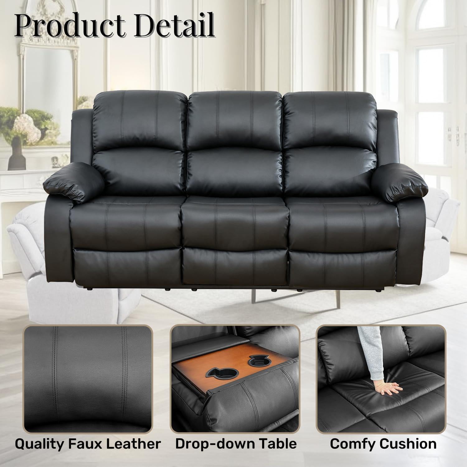 Gewnee Faux Leather Upholstered Manual Reclining Sofa with 3 Recliners and Cup Holders,Black
