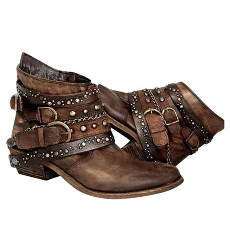 

TOYFUNNY Womens Solid Color Chunky Heel Retro Spiked Ankle Boots