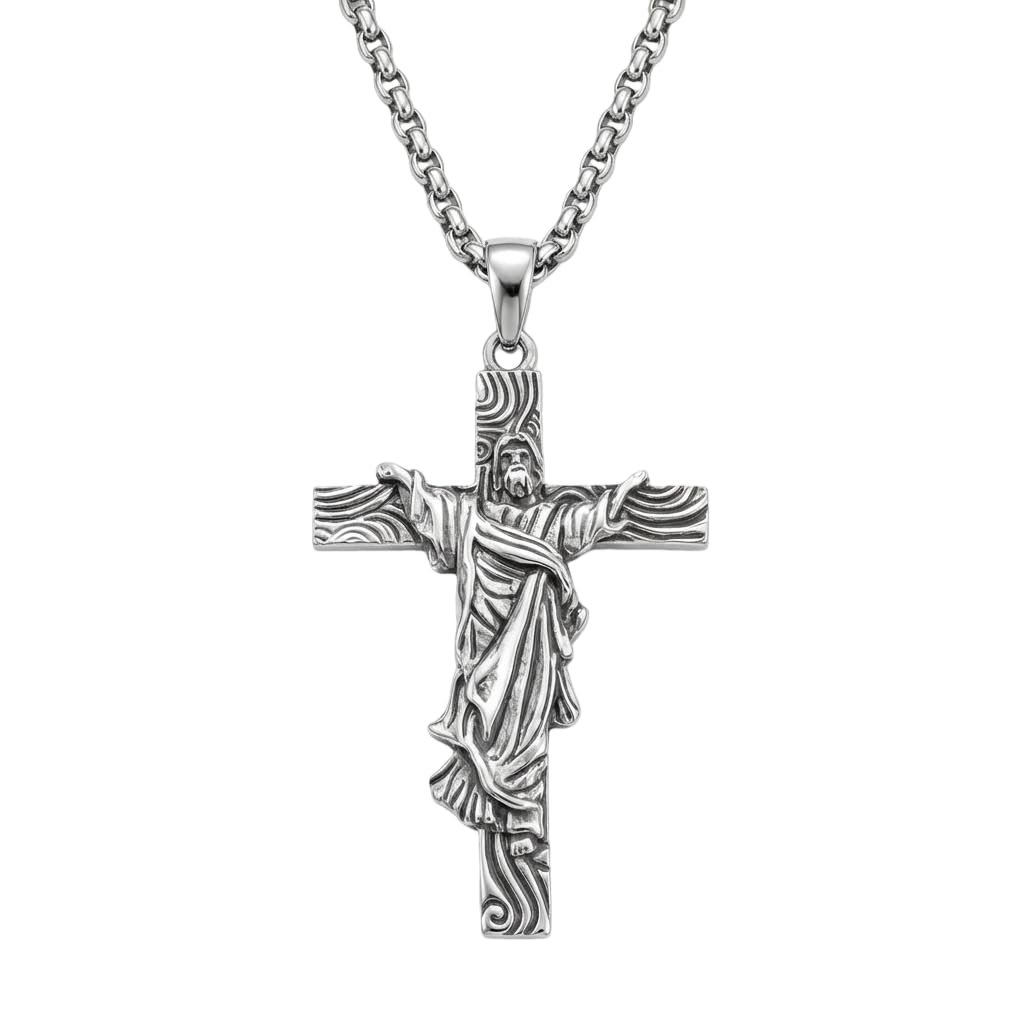 MYSTICPOEM Jesus Christ Crucifix Pendant Necklace Religious Jewelry Gifts for Womens Mens with 24 Inch Stainless Steel Chain