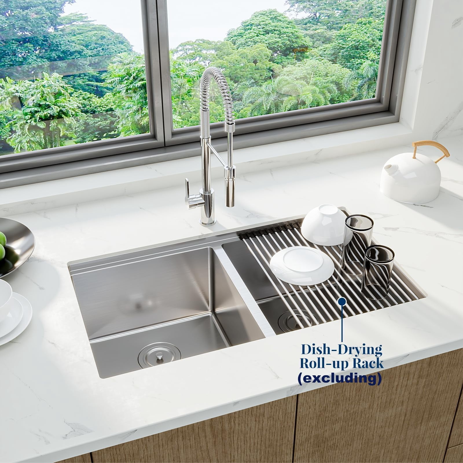 DSstyles Deluxe Double Bowl Undermount Kitchen Basin 33x19x10 Inch – 304 Brushed Stainless Steel, Deep Basin, Bottom Grids, Drainboard, Noise Reduction, Commercial Grade, Easy Clean