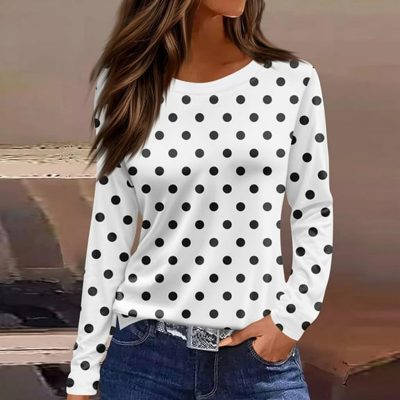 VgaVtl T Shirts for Women Plus Size Fall Winter Long Sleeve Womens Tops Polka Dots Layering Loose White Workout Leisure Shirts,XL