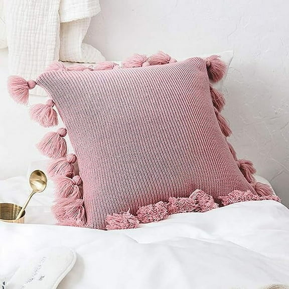 Zhuge Knitted Pillow Covers with Pompoms Tassels Boho Farmhouse Striped Cable Knit Throw Pillow Cases Decorative Pillow Cushion Cover for Home Sofa Couch Bed 18 x 18 inches Pink