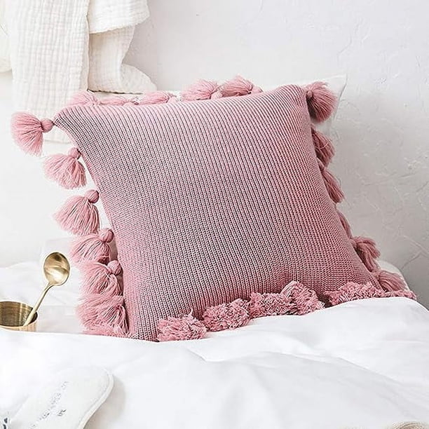 Xiao Hua Fundas de almohada de punto con pompones y borlas, estilo bohemio, estilo rústico, a rayas, de punto trenzado, decorativas, para sofá, cama, 45,7 x 45,7 cm, color rosa