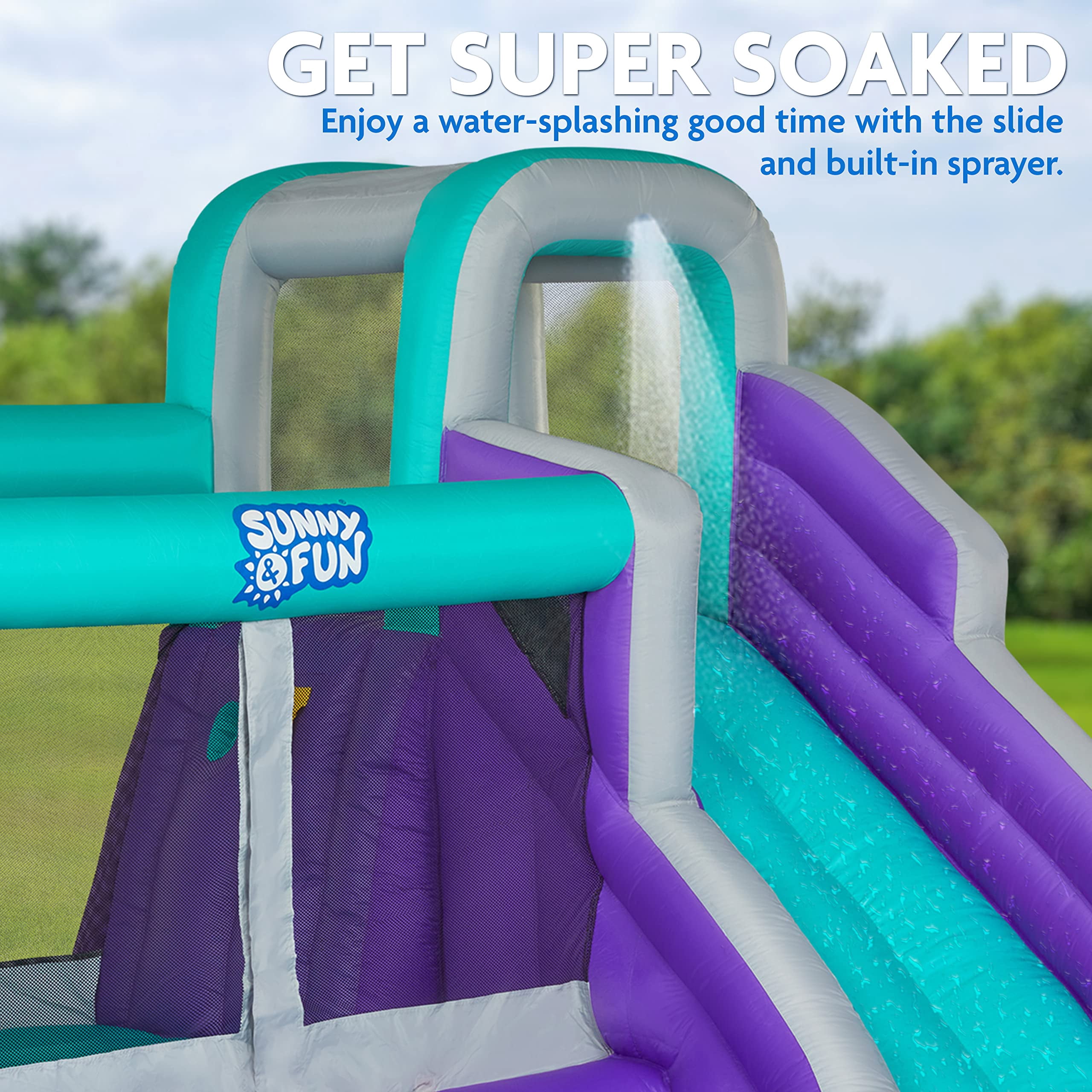 Sunny & Fun Bounce-a-Round Outdoor, Child Inflatable Water Slide Park with Bounce House - Purple