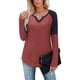 thumbnail image 1 of Camisa de Mujer Cuello en V Contraste Color Manga Larga Top Camiseta Interior Poliéster para Otoño Invierno Rojo XXL, 1 of 6