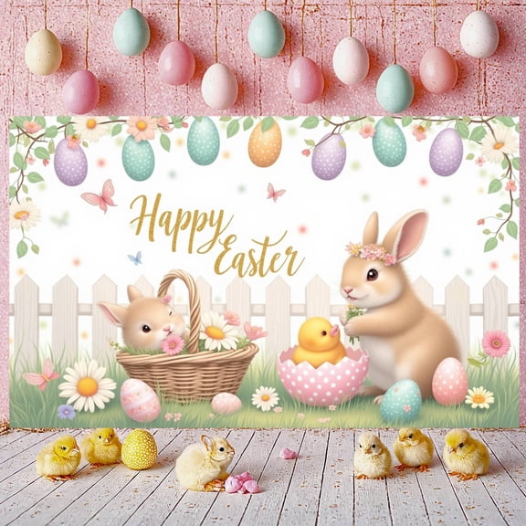 Cute Cartoon Happy Easter Banner Pastel Color Easter Backdrop Floral Decoration Easter Display for Easter Party Home Decoration Outdoor Celebration