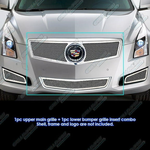 APS Compatible with Cadillac ATS 2013-2014 Logo Show Main Upper Lower Bumper Stainless Steel Chrome Mesh Front Grill Grille Insert Combo A71309T