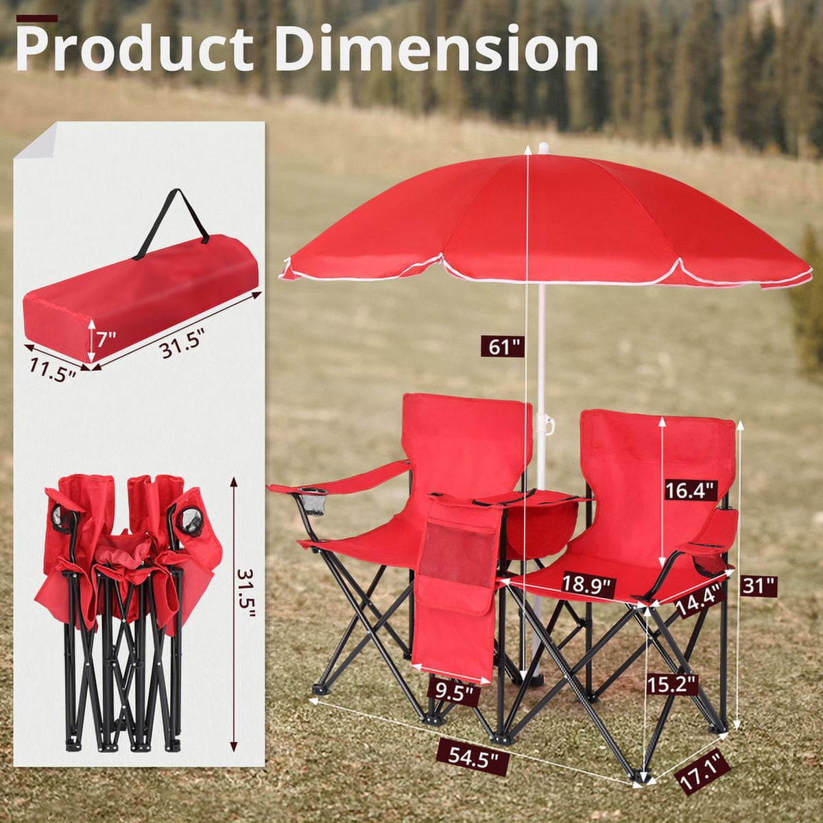 Alvantor 2-Seat Folding Outdoor Chair with Removable Umbrella, Red