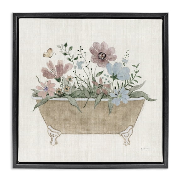 Stupell Industries Farmhouse Cottage Florals in Bathtub Black Floating Frame Canvas Art, 18 x 18, by Janet Tava