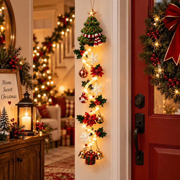 Christmas Tree Glowing Christmas Door Hanger, Lighted Christmas Door Hanging Decor with Warm Lights, Snowflakes,Bells,Vertical Holiday Decoration for Front Door, Porch & Entryway(Christmas Tree)