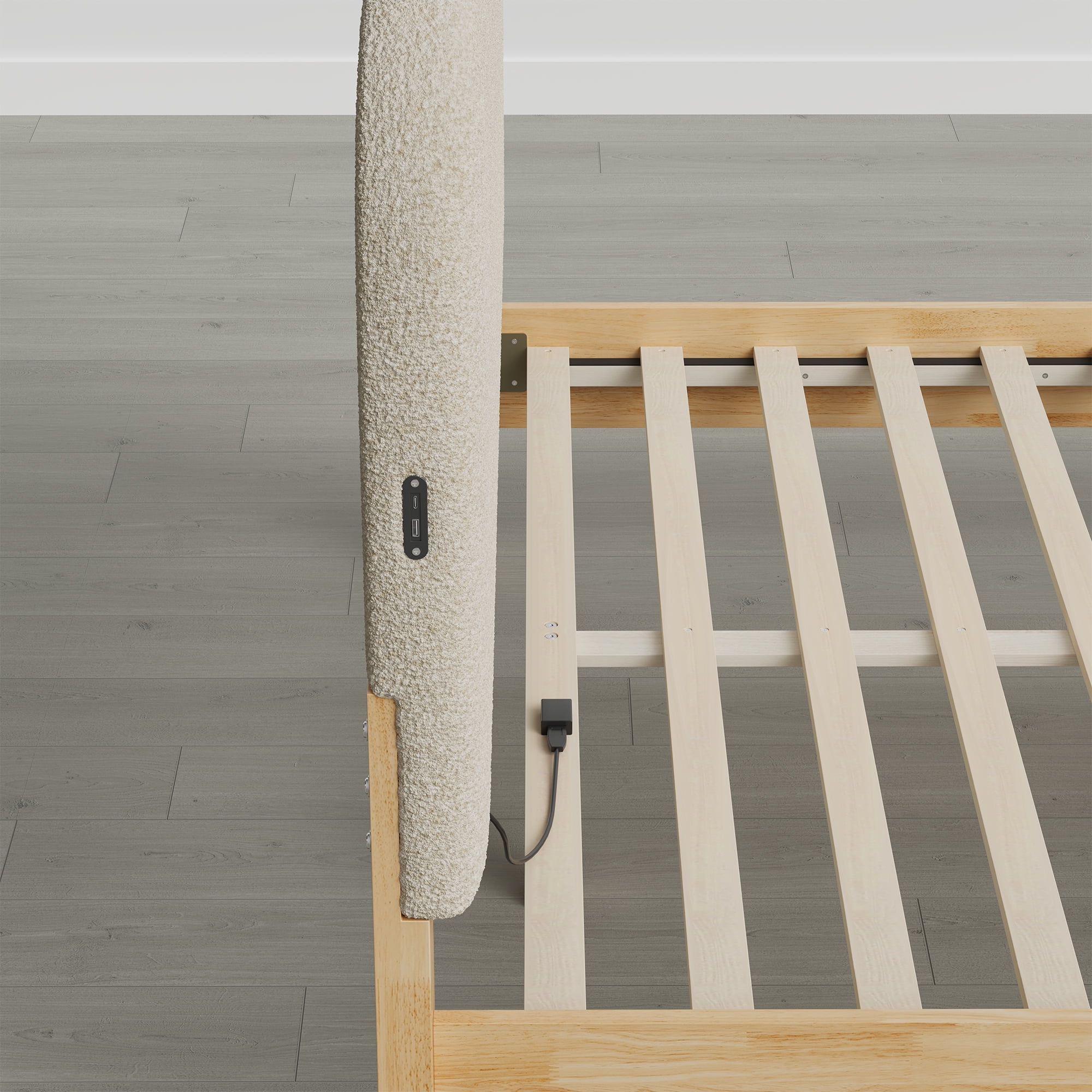 Spruce & Spring Modern Upholstered Bed Frame with Bouclé Headboard, USB & Type-C Charging Ports, Queen