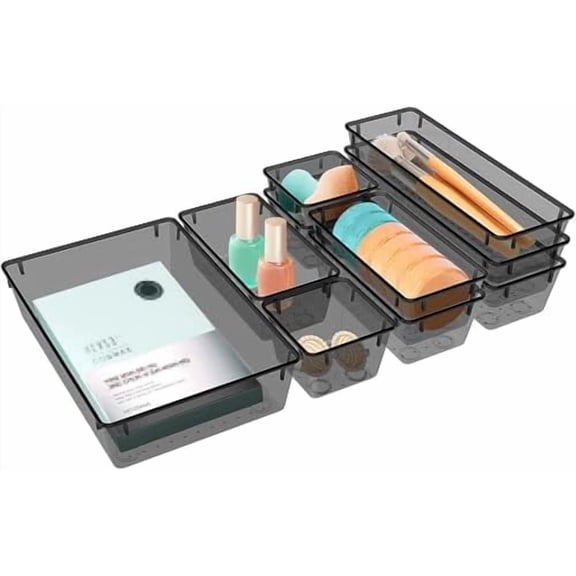 10 PCS Drawer Organizer Set, 4 Varied Size Bathroom and kitchen Drawer cabinet organizer Trays, Clear Storage Bins for Makeup, Jewelry, Utensils and Gadgets, Black