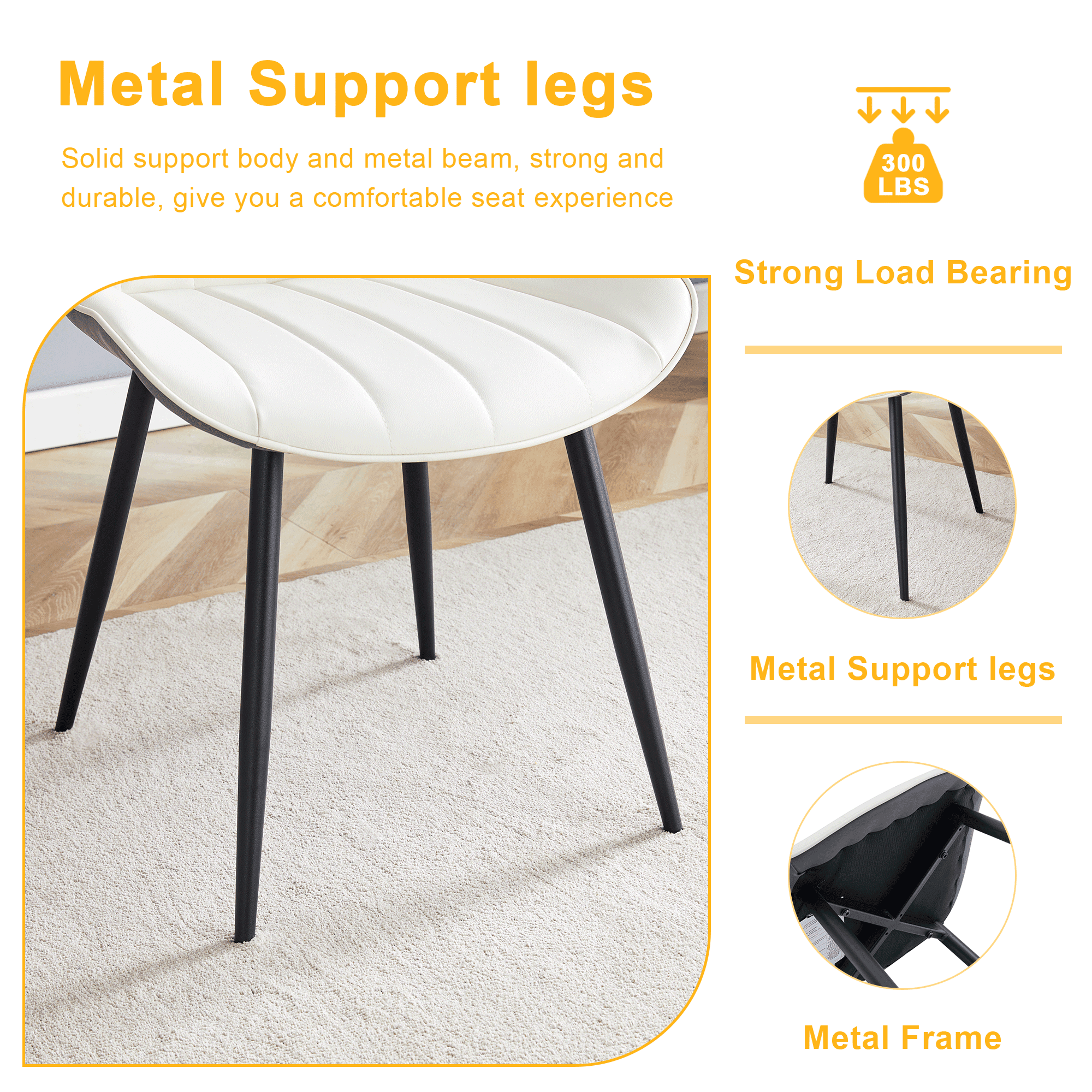 Dining Chairs Set of 4, Modern PU Leather Dining Chair with Extended Seat Cushion, White and Dark Gray, Upholstered Dining Room Chairs with Metal Legs, Comfortable Kitchen Chairs