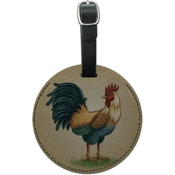 Graphics and More Vintage Rooster on Floral Background Round Leather Luggage ID Tag Suitcase