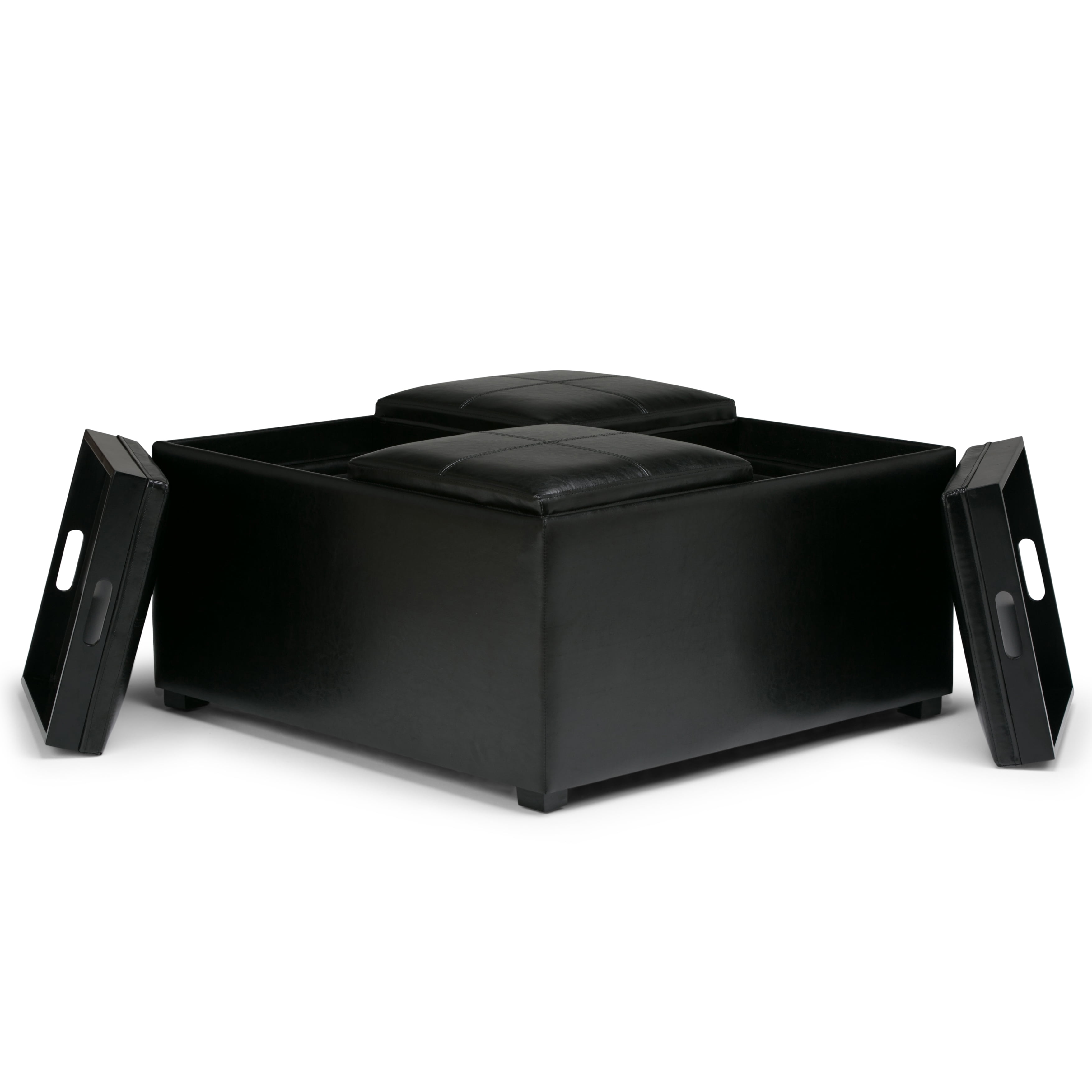 Simpli Home Avalon 35 inch Wide Contemporary Square Coffee Table Storage Ottoman in Midnight Black Vegan Leather