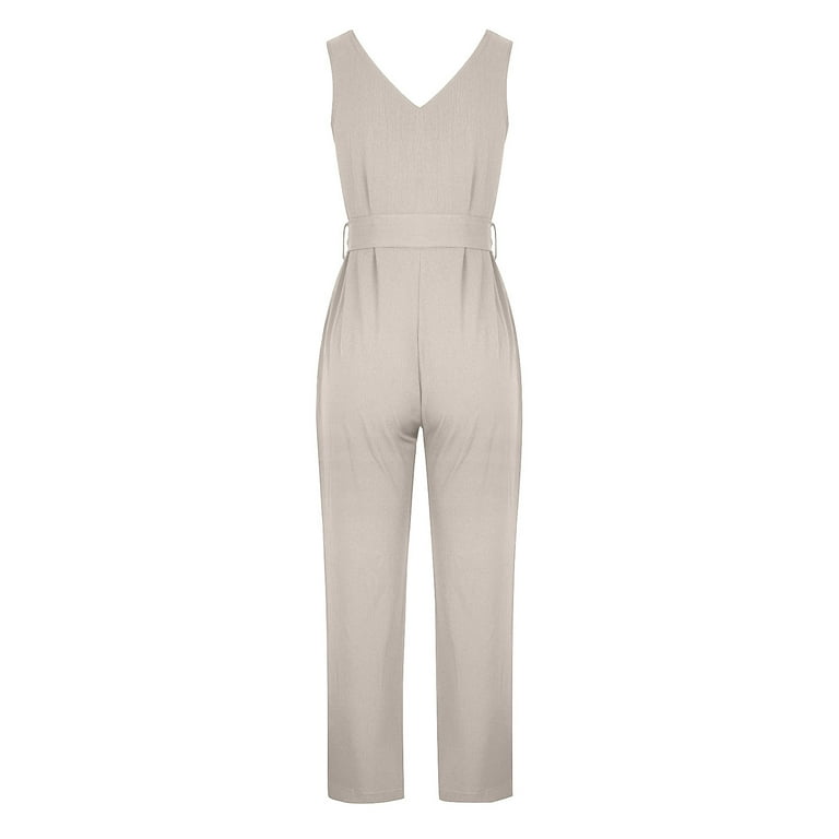 Dressy Jumpsuits for Women Summer Casual V Neck Belted Long Pant