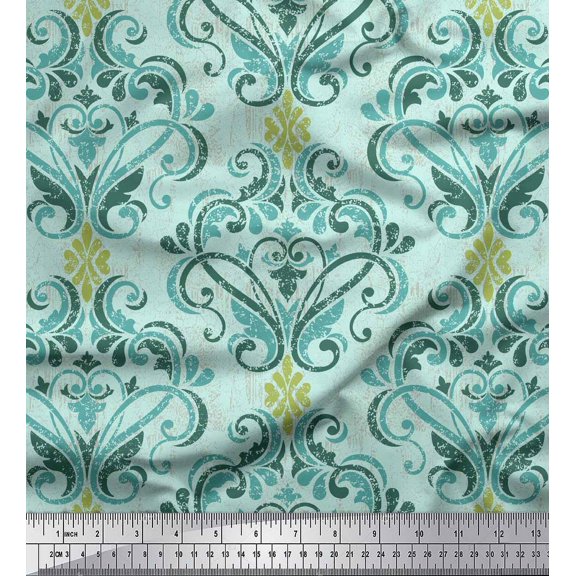 Soimoi Green Cotton Duck Fabric Vector Design Damask Printed Craft Fabric by the Yard 44 Inch Wide