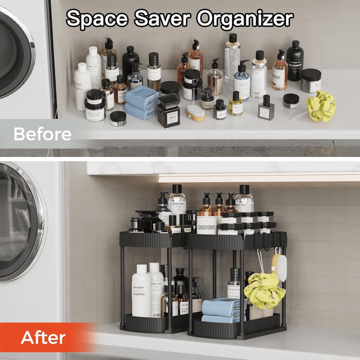 2 Floors Multi-Purpose Pull-Out Storage Organizers, Under Sink Organizers and Storage for Bathroom & Kitchen, Under Cabinet Organizers and storage, 12.8 Inch, Grey