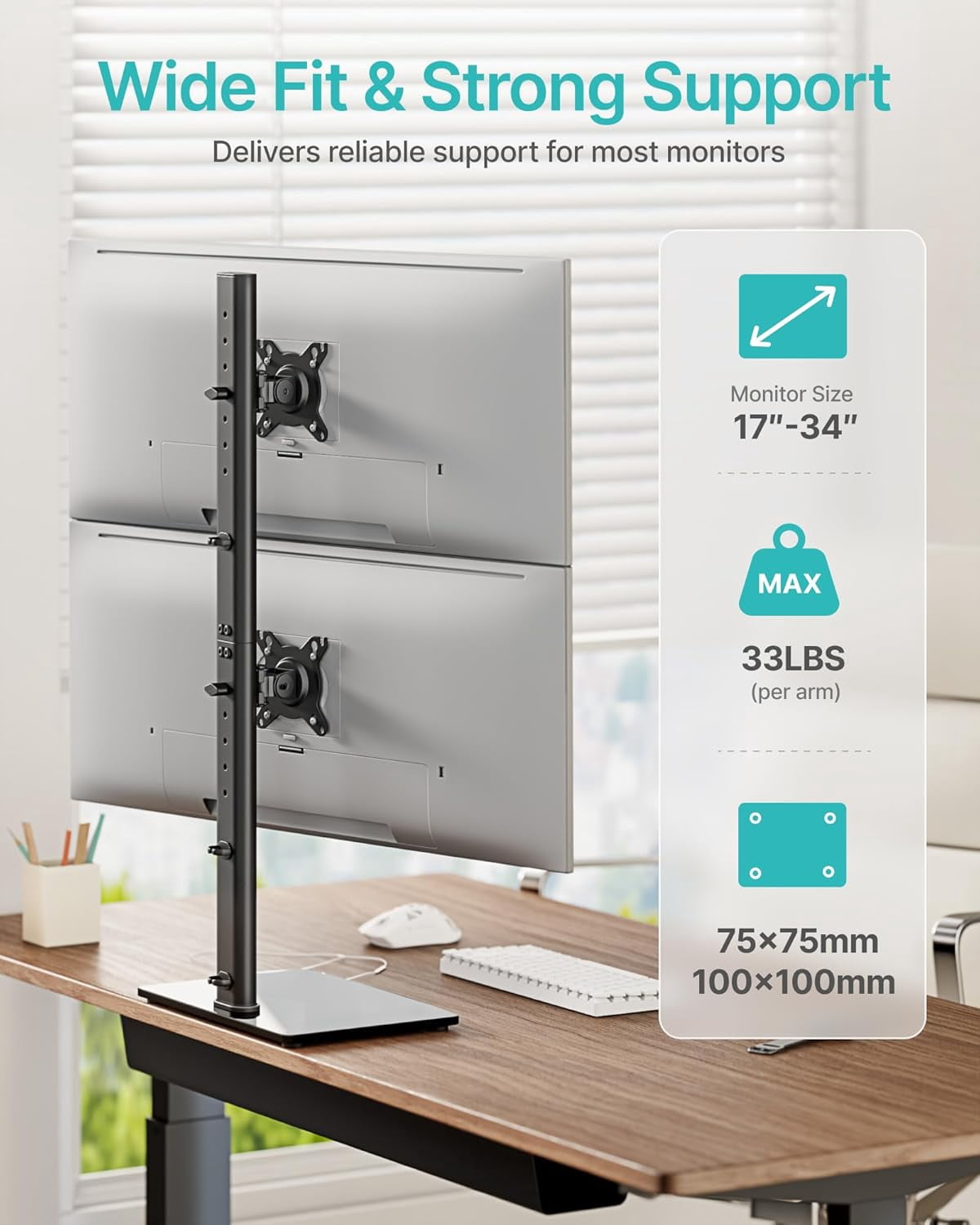 Vertical Dual Monitor Stand for 17–34 Inch Screens, Stacked Monitor Mount with 33.3" Pole & 12 Height Settings, Freestanding Desk Monitor Riser, Full Motion ±45° Tilt ±30° Swivel, 75/100 VESA