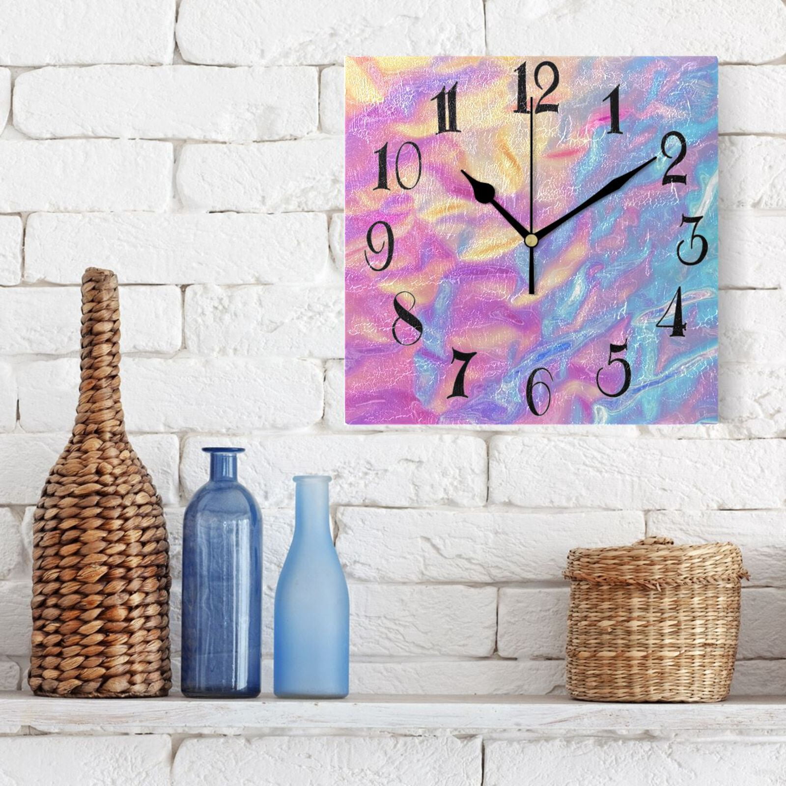 Colorful Hologram Waves Wall Clock Decorative Square Silent Non-Ticking Operated Clocks Aesthetic for Bedroom Living Room