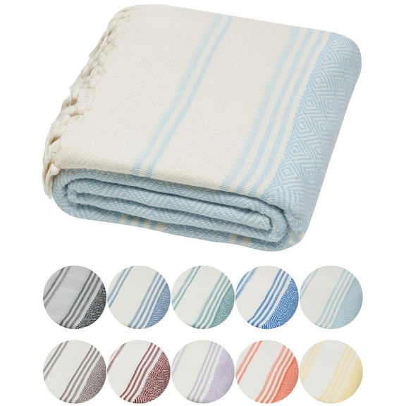 DEMMEX Organic Turkish Cotton Ultra Soft Bath and Beach Towel - Luxury Oversized Peshtemal for Bathroom and Beach - Lightweight Quick-Drying Beach Towel - Prewashed, Diamond Weave, 71x36'' (Baby Blue