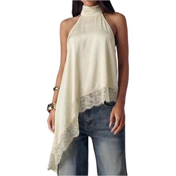 Carlikeit Women Halter Neck Lace Tank Top Sleeveless Asymmetrical Hem Summer Top Elegant Solid Color Going Out Shirt for Casual Party Beach Wear