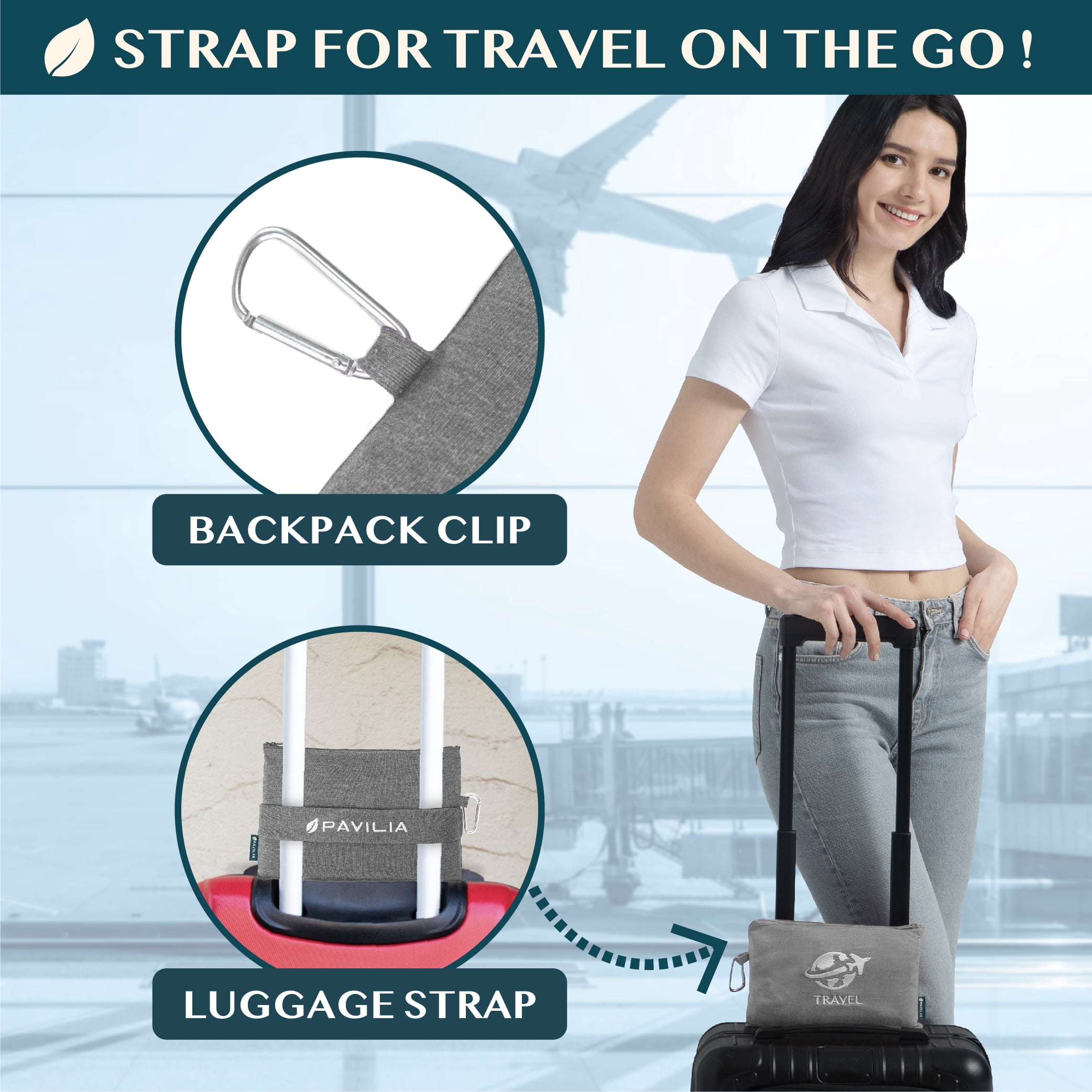 PAVILIA Soft Compact Travel Blanket and Pillow, Foldable Airplane Blanket in Bag, Lightweight Portable Flight Blanket Set with Luggage Strap, Camping Plane Car Home Office Gift Accessories, Gray