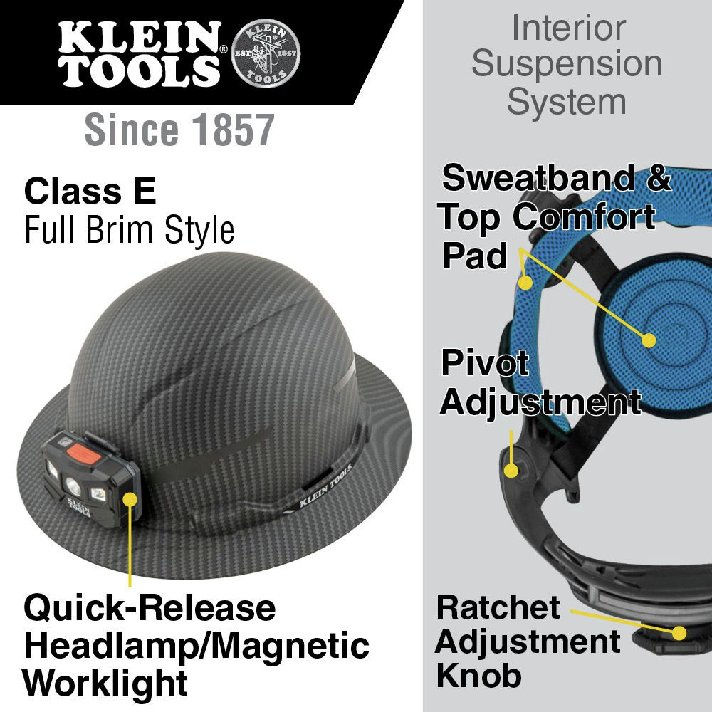 Klein Tools 60346 Premium KARBN Pattern Class E, Non-Vented, Full Brim Hard Hat with Rechargeable Lamp