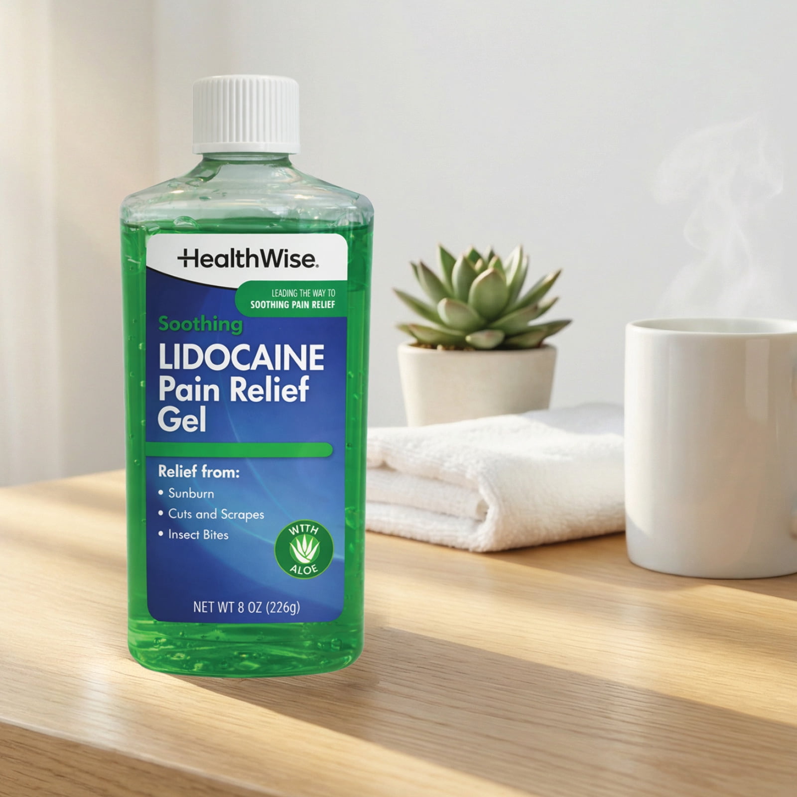 HealthWise Soothing Lidocaine Gel | Sunburn Relief | Fast Acting & Long Lasting | With Aloe Vera | Ideal for Insect Bites and Minor Burns | 8.0 Oz (226g)