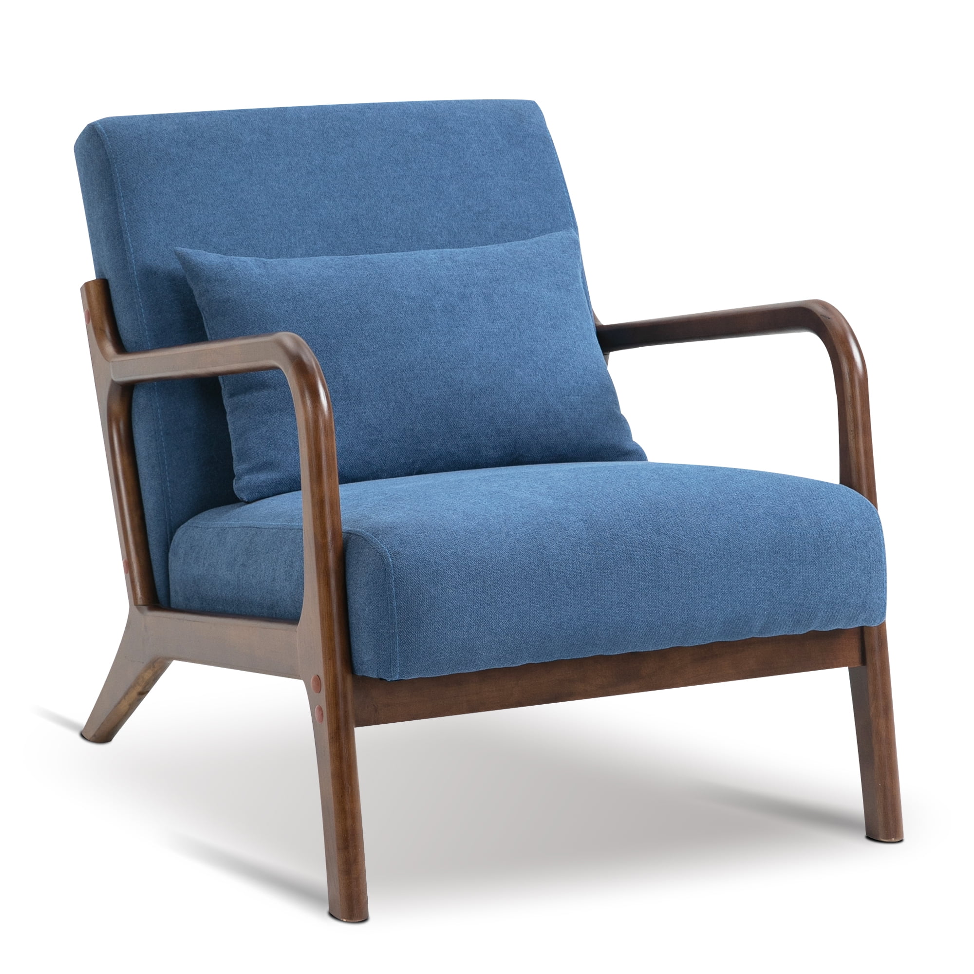 Miniyam Mid Century Modern Accent Chair with Wood Frame, Upholstered Living Room Chairs with Waist Cushion, Reading Armchair,Blue