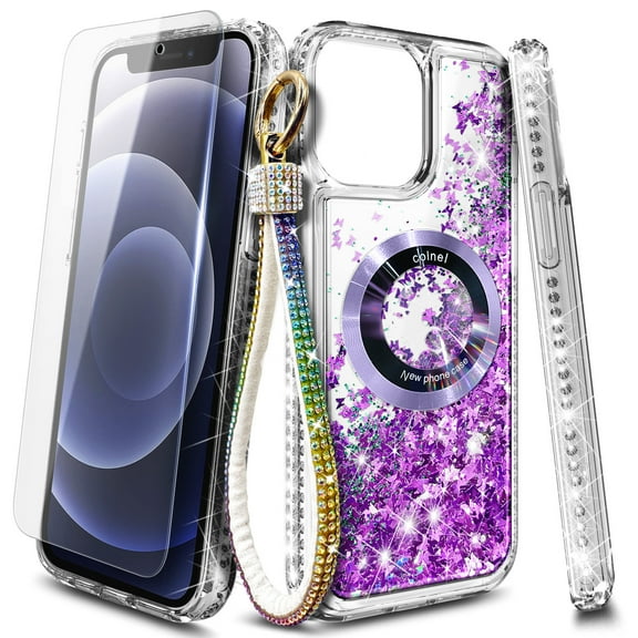 NageBee Designed for iPhone 11 Magnetic Case for MagSafe, Tempered Glass Screen Protector/Wrist Strap Lanyard, Glitter Floating Liquid Cute Case (Purple)