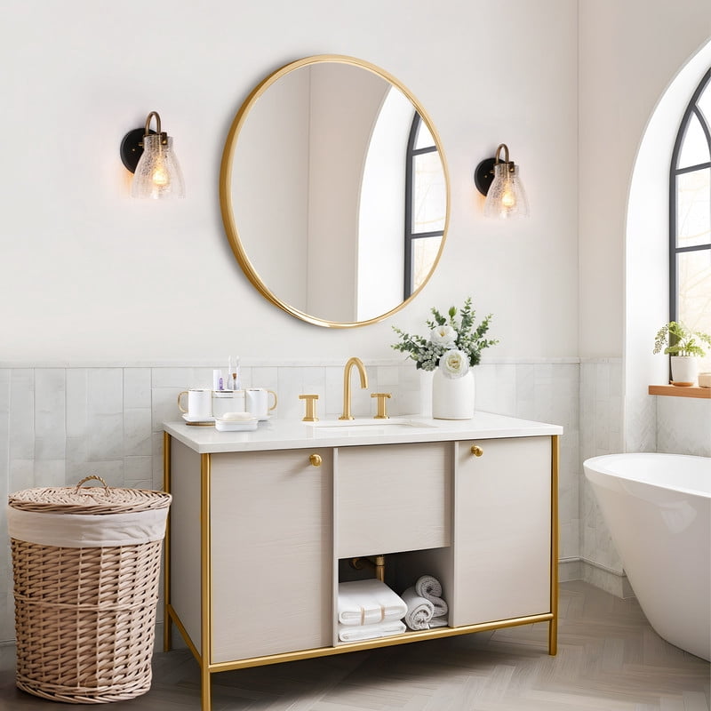 LNC Crackled Glass Wall Sconce, Black & Gold 1-Light Fixture for Powder & Vanity Rooms