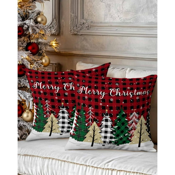 Christmas Decorative Throw Pillow Covers 20x20 Inch Set of 2 Buffalo Plaid Xmas Tree Forest Pillow Cases for Couch, Red Buffalo Plaid Cushion Case for Living Room Bedroom Bed Car Chair