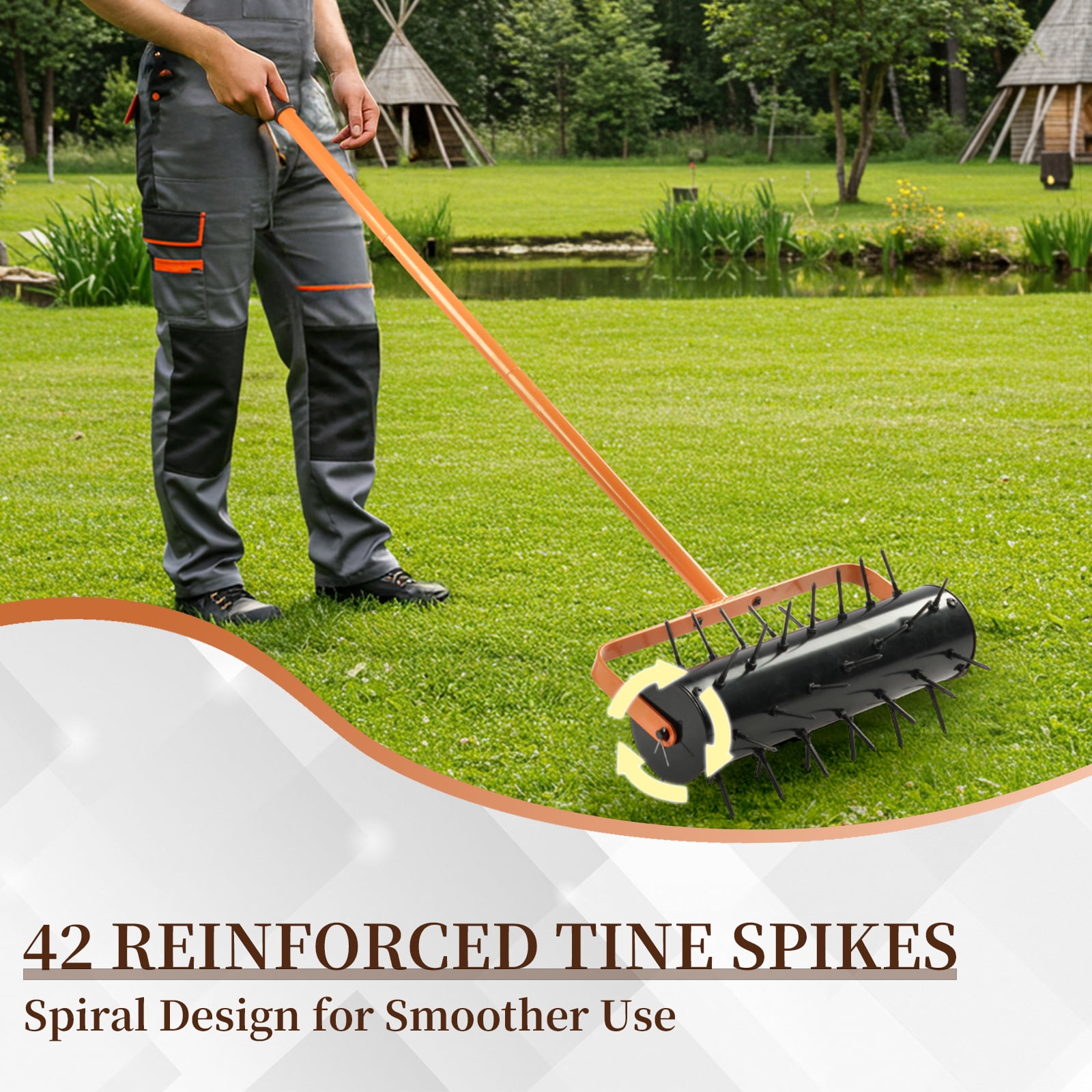 17-Inch Rolling Lawn Aerator with 2-Inch Steel Spikes, Heavy-Duty Galvanized Steel Frame, 48-Inch Ergonomic Handle, Universal for Clay/Sandy/Dense Soil, Garden Lawn Aeration Tool