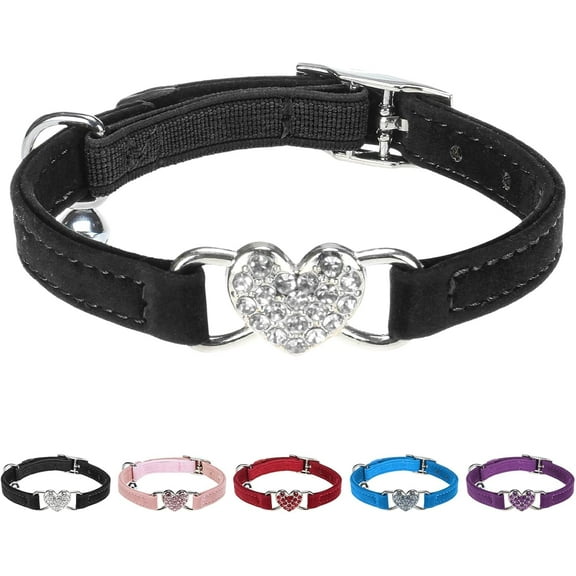 Diamond Cat Collar,Adjustable Soft Velvet Leather Safe Kitten Collar with Crystal Heart Charm and Bells,Girl Boy Bling Stylish Cat Collars with Safety Elastic