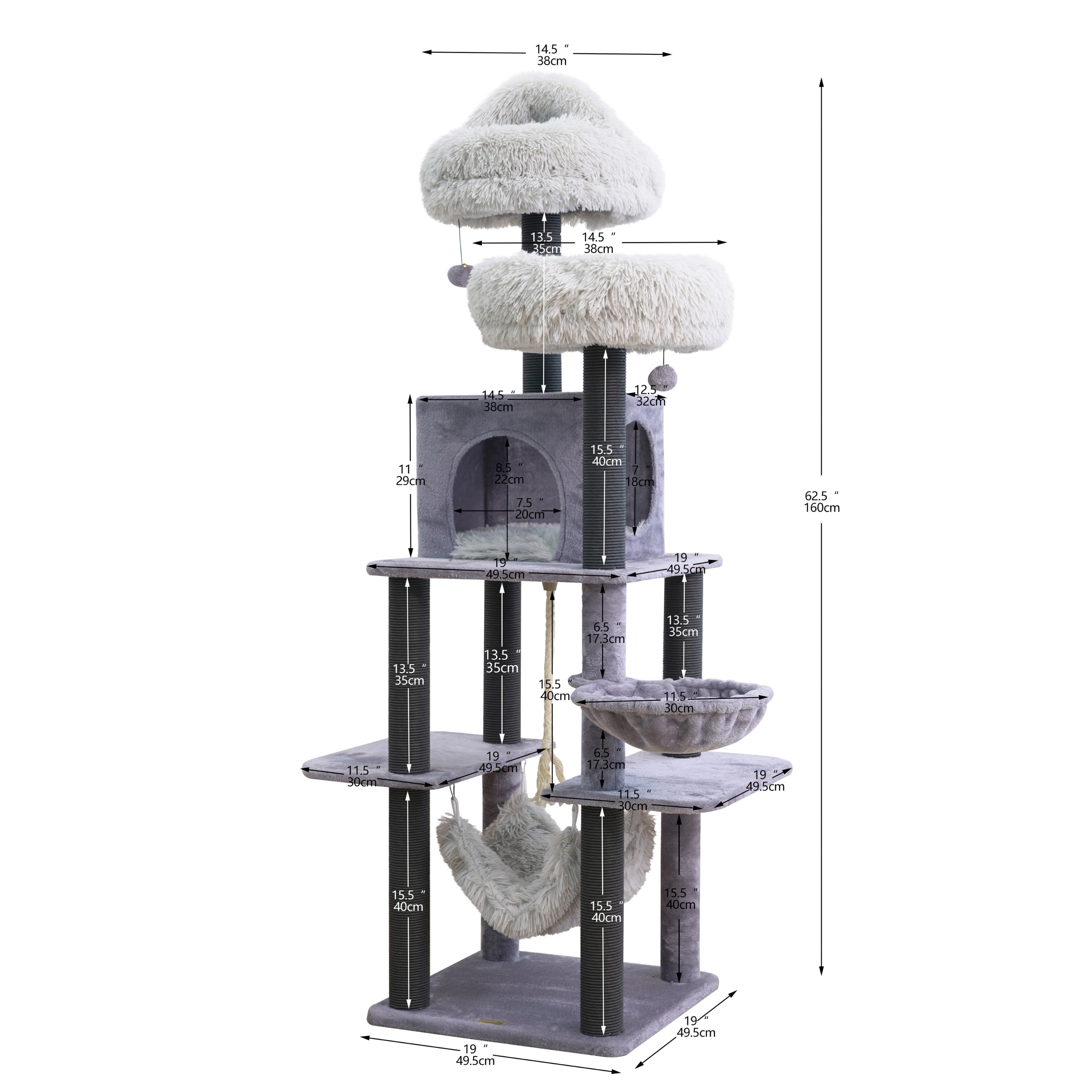 "Catry 63"" 7-Level Gray Cat Tree Tower for Large Cats with Hammock, Scratching Post, Plush Perches, LED Ball"
