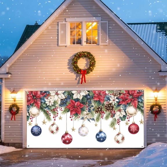 Christmas Balls Christmas Garage Door Decorations, 6x13ft Garage Door Cover Banner with Grommets, Outdoor Garage Door Backdrop Mural for Holiday Party Wall Decor, Poinsettia Holly Berry