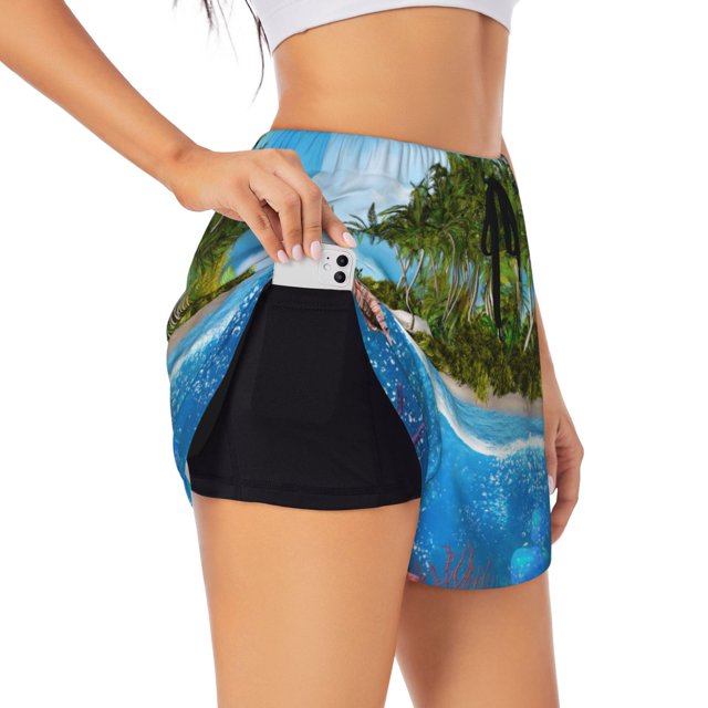 Balery Island And Coral Reef Pantalones cortos deportivos para mujer con forro y dos bolsillos, elásticos, para entrenamiento, gimnasio, yoga-Large