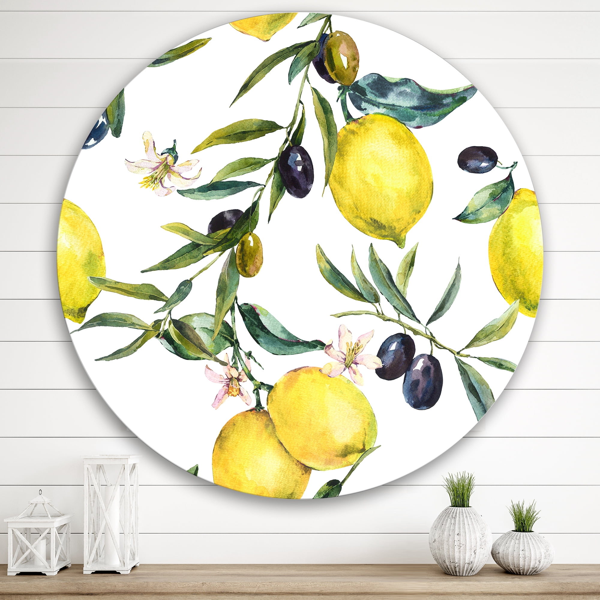 Designart 'Olive and Lemon Branches II' Tropical Circle Metal Wall Art 29x29 - Disc of 29