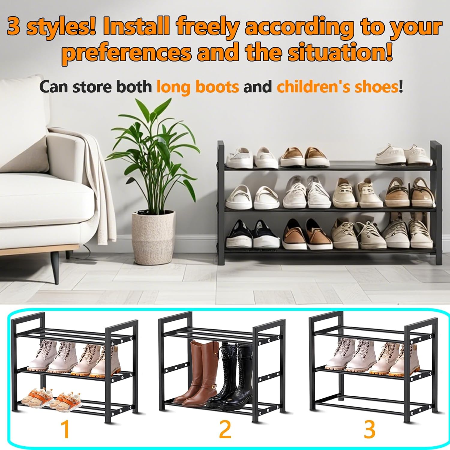 Expandable Shoe Rack Small Shoe Storage Narrow Shoe Racks Metal Show Rack Slim Shoe Shelf for Entryway Wardrobes Small Space,Free Standing Extendable Adjustable Shoes Rack for Closet (Black, 2 Tier)