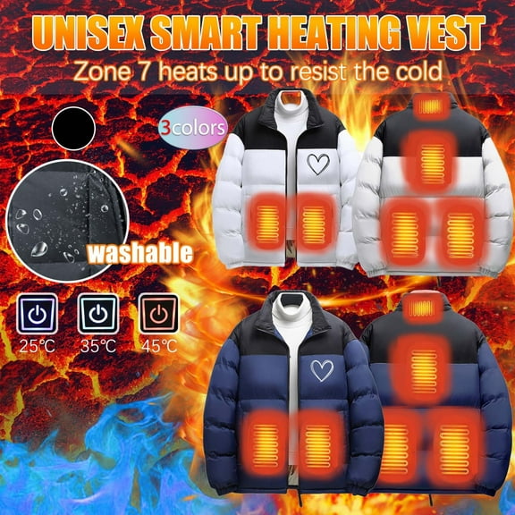 Feancey Heated Jackets for Men 6 Heat Zones Winter Coats Heart Printed Heating Puffer Jacket Zip Up Stand Collar Down Coat Outerwear with Pockets Blue M