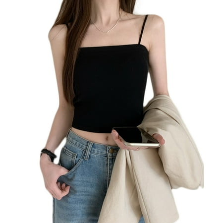 

ZPAQI Women Spaghetti Strap Rib Knit Camisole Padded Striped Solid Slim Crop Tube Top