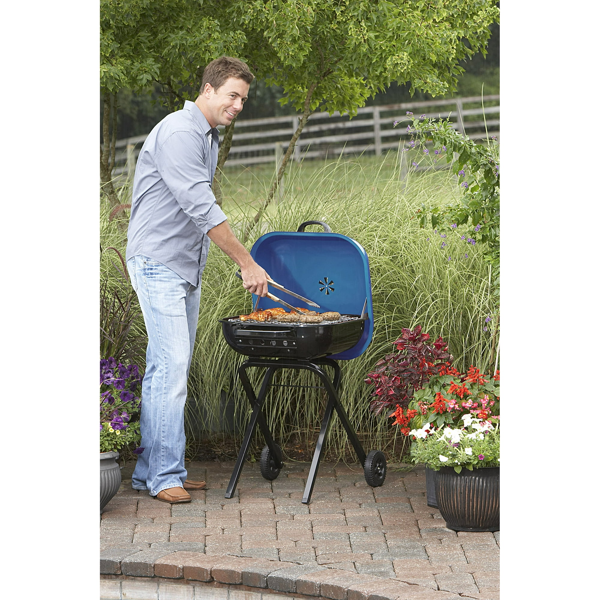 Americana Walk-A-Bout, Original Square Charcoal Grill-100% Pre-Assembled Portable Steel, Blue