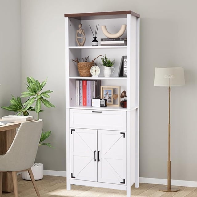 Bibliothèque à 6 Niveaux avec Rangement, Bibliothèque de Rangement Moderne de 72” de Hauteur avec Tablettes et Tiroirs Ajustables, Ensemble d'Armoire d'Exposition en Bois avec Portes pour Ferme/salon/chambre/bureau/bibliothèque (Blanc Antique)