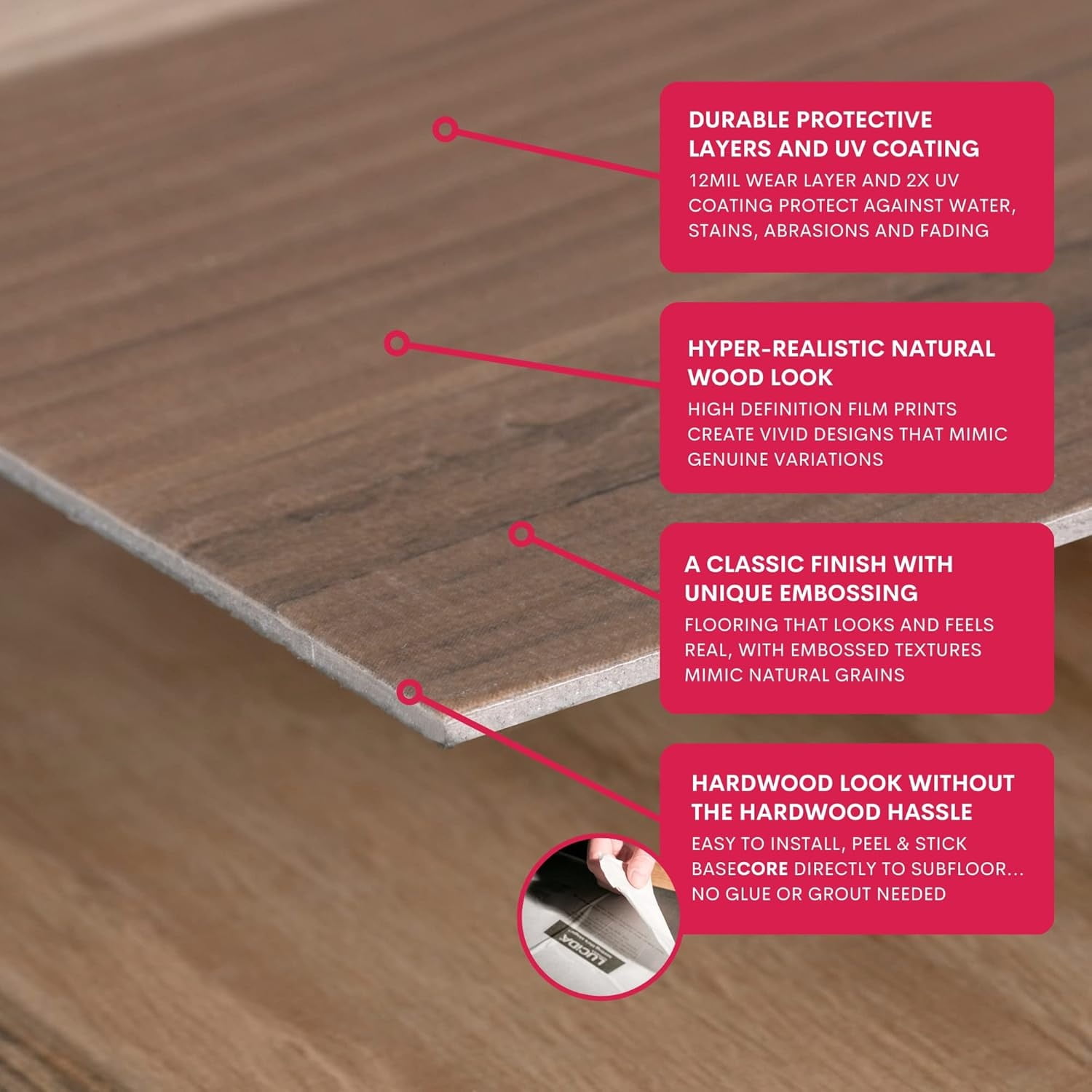 Luxury Vinyl Flooring Tiles | Peel and Stick Floor Tile for DIY Installation | 12 Wood Look Planks | Barn | BaseCore | 18 Sq. Feet